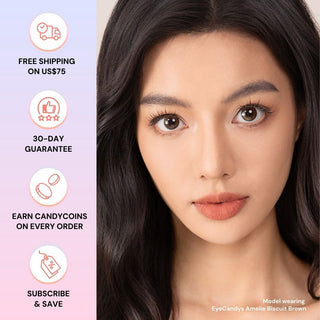 Close-up of model’s eyes with long lashes and minimal makeup wearing EyeCandys Amelie Biscuit Brown lens.