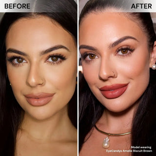 Before-and-after comparison of model’s face wearing EyeCandys Amelie Biscuit Brown colored contact lenses – natural eyes vs warm brown lenses with subtle iris enlargement, natural coverage, and soft, polished look.