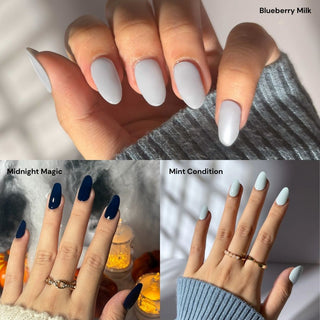 Hands wearing EyeCandys Blueberry Milk, Midnight Magic, and Mint Condition gel nail stickers, showcasing vibrant colors, glossy finish, and unique nail designs.