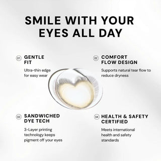 Macro shot of EyeCandys Brown Heart contact lens – beige-brown heart-shaped design with intricate iris pattern detail, subtle limbal ring, and natural enlargement effect for a warm, romantic look.