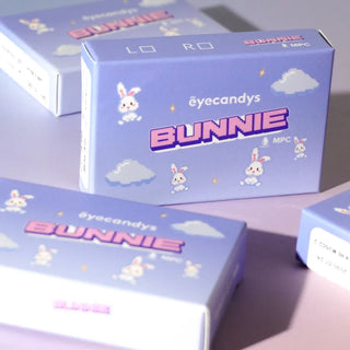 Eyecandys Bunnie series packaging, blue box with Bunnie cartoon graphics for prescription colored contact lenses