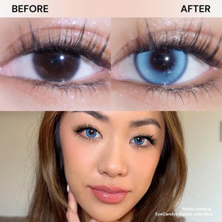 Model’s eye before and after wearing Eyecandys Bunnie Jelly Blue prescription colored contact lenses, natural blue eyes look