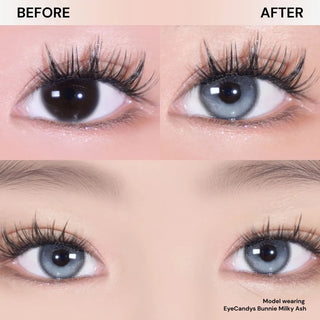 Before and after comparison of eye with long lashes wearing EyeCandys Bunnie Milky Ash colored contact lens – natural eye vs soft ashy brown lens with subtle enlargement and dreamy, natural effect.