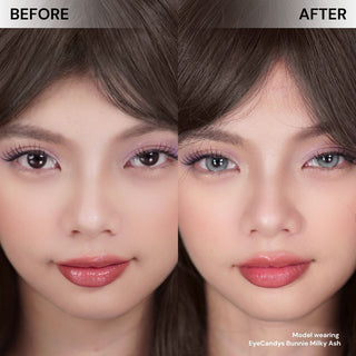Before and after comparison of model’s face wearing EyeCandys Bunnie Milky Ash colored contact lenses – natural look vs soft ashy brown lenses with subtle enlargement and dreamy, natural effect.