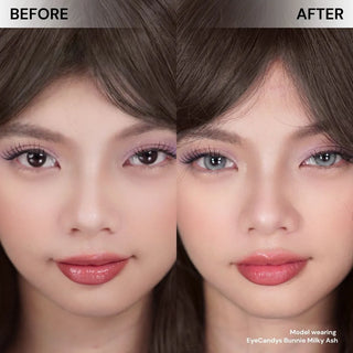 Before and after comparison of model’s face wearing EyeCandys Bunnie Milky Ash colored contact lenses – natural look vs soft ashy brown lenses with subtle enlargement and dreamy, natural effect.