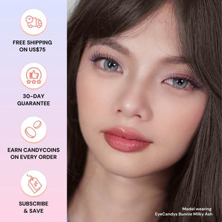 Model wearing Eyecandys Bunnie Milky Ash prescription colored contact lenses, promo with free shipping $75+, 30-day guarantee, CandyCoins rewards, subscribe and save