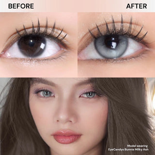 Model’s eye before and after wearing Eyecandys Bunnie Milky Ash Grey prescription colored contact lenses, natural ash grey eyes look