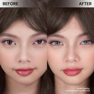 Before-and-after comparison of model’s face wearing EyeCandys Bunnie Milky Ash Grey colored contact lenses – natural eyes vs soft ash grey lenses with subtle iris enlargement, natural coverage, and a polished, luminous effect.