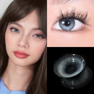 Set of images showing model wearing EyeCandys Bunnie Milky Ash Grey colored contact lenses – full face, close-up of eyes with long lashes, and lens macro. Silvery ash and creamy beige tones with soft limbal ring, luminous glow, and natural eye enhancement for everyday wear.