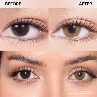 Close-up of eyes before and after wearing EyeCandys Cashmere Hazel prescription colored contact lenses showing natural hazel eye color