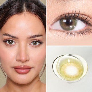 Collage showing model’s face with natural makeup and long lashes wearing EyeCandys Cashmere Satin Olive prescription colored contact lenses, close-up of eye, and macro lens detail