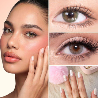 Model wearing EyeCandys Cashmere Satin Olive and Glossy Ivory prescription colored contact lenses with EyeCandys gel nail stickers, close-up of eyes and hand nail design collage