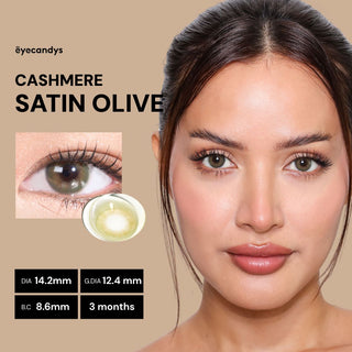 Close-up of model’s face wearing EyeCandys Cashmere Satin Olive prescription colored contact lenses, natural makeup look, realistic olive eye enhancement