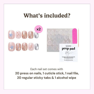 Eyecandys press-on nail kit contents including 20 reusable press-on nails, 20 adhesive sticky tabs, a nail file, a cuticle stick, and an alcohol wipe for easy at-home application.
