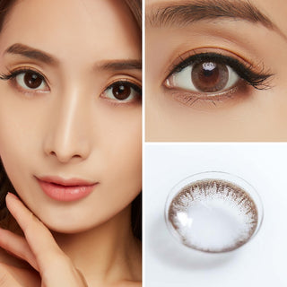 Collage of model wearing Eyecandys Classe Brown Choco contact lenses, close-up of eye with long lashes, and macro shot showing lens details, natural brown enhancement, daily comfortable wear, trending cosmetic lenses