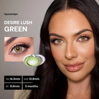 Model wearing EyeCandys Desire Lush Green prescription colored contact lens – vibrant green eye look with natural finish