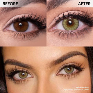 Eyecandys Desire Lush Green prescription colored contact lenses, before and after, available in toric for astigmatism