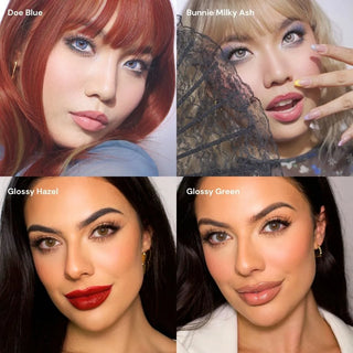 Collage of model’s face wearing EyeCandys Doe Blue, Bunnie Milky Ash, Glossy Hazel, and Glossy Green colored contact lenses – showcases airy blue, soft ashy brown, warm hazel, and vibrant green shades with subtle enlargement and natural sparkle.
