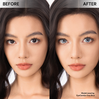 Model before and after wearing EyeCandys Doe Blue prescription colored contact lenses - natural makeup, subtle blue eye transformation, comfortable daily wear, trending cosmetic lenses for natural eye enhancement