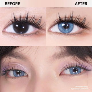 Before and after comparison of eye with long lashes wearing EyeCandys Doe Blue colored contact lens – shows natural eye vs vibrant airy blue lens with subtle enlargement and sparkling effect.