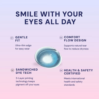 Macro shot of EyeCandys Doe Blue colored contact lens showing detailed iris pattern, soft blue hue, natural blending, and subtle enlargement effect.