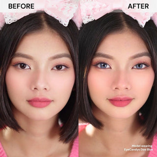 Before and after comparison of model’s face wearing EyeCandys Doe Blue colored prescription contact lenses – natural look vs airy blue lenses with subtle eye enlargement and bright, sparkling effect.