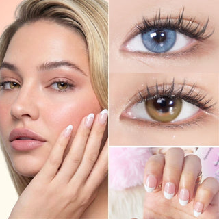 Model wearing EyeCandys Doe Blue and Sunlit Hazel prescription colored contact lenses with EyeCandys gel nail stickers, close-up of eyes and hand nail design collage