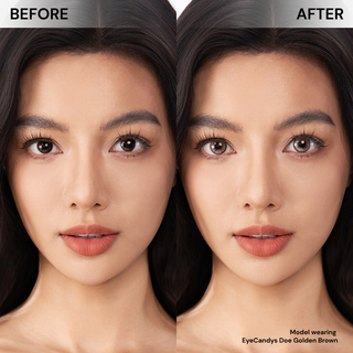Model before and after wearing EyeCandys Doe Golden Brown prescription colored contact lenses - natural makeup, warm golden brown eye transformation, comfortable daily wear, trendy cosmetic lenses for natural enhancement