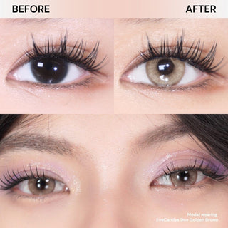 Close-up of eyes with long lashes wearing EyeCandys Doe Golden Brown prescription colored contact lenses – warm brown hue, natural iris enhancement, subtle enlargement, and soft blending for a polished look.