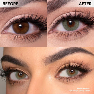 Before and after comparison of eye with long lashes wearing EyeCandys Glossy Green colored contact lens – natural eye vs vibrant green lens with subtle enlargement and glossy, natural sparkle.