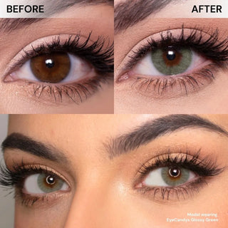 Before and after wearing EyeCandys Glossy Green contact lenses – model’s eyes transformed from natural dark brown to radiant, light-catching green. Realistic and natural-looking green eye color enhancement for dark eyes.