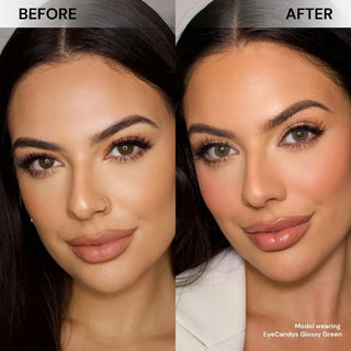 Before and after comparison of model with long lashes and natural makeup wearing EyeCandys Glossy Green colored prescription contact lens – natural eye vs vibrant green lenses with subtle enlargement and glossy, natural sparkle.