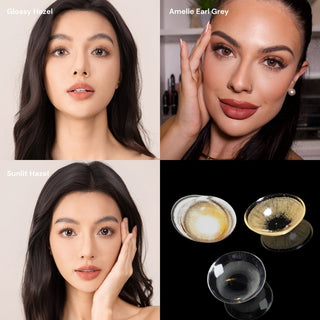 Collage of models wearing EyeCandys Glossy Hazel, Amelie Earl Grey, and Sunlit Hazel colored contact lenses, including macro shots of each lens.
