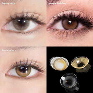 Collage featuring close-up eyes with long lashes wearing EyeCandys Glossy Hazel, Amelie Earl Grey, and Sunlit Hazel contact lenses, followed by macro shots of each lens showcasing detailed iris patterns, color depth, and subtle enlargement.