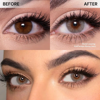 Close-up of eye with long lashes before and after wearing EyeCandys Glossy Ivory colored contact lens – natural eye vs soft ivory lens with subtle iris enlargement, natural coverage, and gentle sparkling effect.