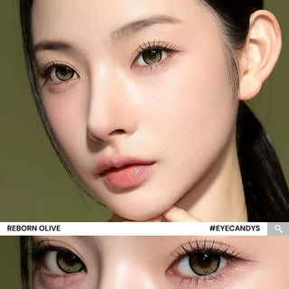 Face of model with natural makeup and long lashes wearing Eyecandys i-Sha Reborn Olive prescription colored contact lenses, close-up of eyes showing lens detail and natural olive enhancement.