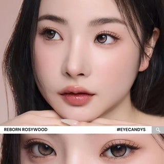 Face of model with natural makeup and long lashes wearing Eyecandys i-Sha Reborn Rosywood prescription colored contact lenses, close-up showing rosywood lens color and detailed design.