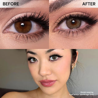 Close-up of eyes with long wispy lashes before and after wearing EyeCandys Isla Mirage Grey prescription colored contact lenses – natural eyes vs soft grey lenses with subtle iris enlargement, natural coverage, and enhanced brightness.