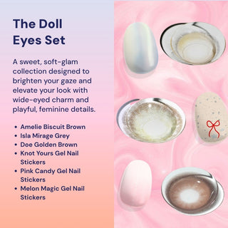 Macro shots of EyeCandys colored prescription contact lenses and EyeCandys gel nail stickers, highlighting design and texture.