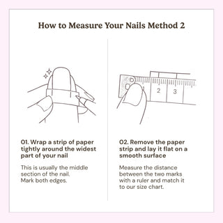 Illustration showing how to measure nails using paper and a tape measure for EyeCandys press on nails sizing guide.