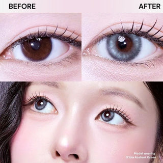 Close-up of eyes with long lashes and natural makeup before and after wearing EyeCandys Olola Meow Koshort Green prescription colored contact lens, highlighting vibrant green eye tones.
