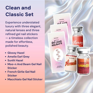 Trendy EyeCandys packaging showing French Girlie nail stickers and colored contact lens vials: Amelie, Glossy, and Sunlit.