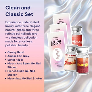 Trendy EyeCandys packaging showing French Girlie nail stickers and colored contact lens vials: Amelie, Glossy, and Sunlit.