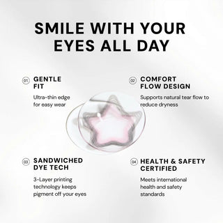 Macro shot of EyeCandys Pink Star contact lens – pastel pink star pattern intricately placed on the iris, showing design details, subtle limbal ring, and sparkling effect.