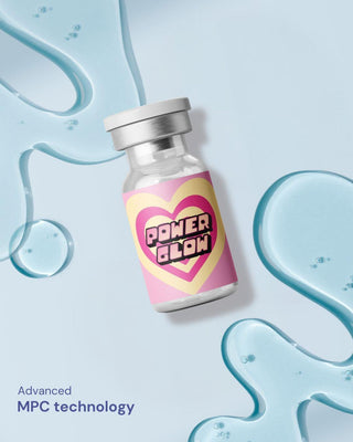 A small vial labeled "EyeCandys Powerglow Turquoise Green" with a heart design and blue liquid splashes on a light background. "Advanced MPC technology for moisture retention" appears, highlighting EyeCandys Powerglow lens.