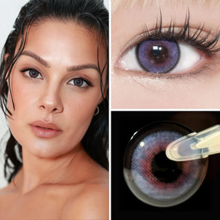 Collage of model wearing EyeCandys Powerglow Bluish Purple contact lenses – full face, close-up of eyes with long lashes, and macro lens shot. Ultra-vibrant bluish purple lenses with defined iris, full coverage, and all-day comfort for cosplay and bold transformations.