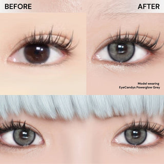 Close-up of eye with long lashes before and after wearing EyeCandys PowerGlow Grey colored contact lens – natural eye vs neutral grey lens with subtle iris enlargement, soft coverage, and sparkling effect.