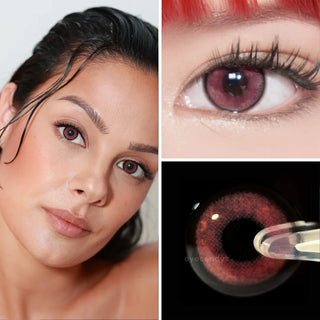 Set of images showing model wearing EyeCandys Powerglow Reddish Pink colored prescription contact lenses – full face, close-up of eyes with long lashes, and lens macro. Vibrant reddish pink lenses with defined iris, full coverage, and all-day comfort for cosplay and dramatic, bold eye transformations.
