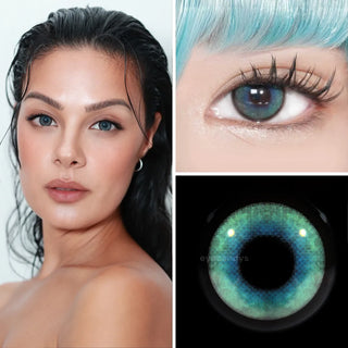 Collage of model wearing EyeCandys Powerglow Turquoise Green contact lenses – full face, close-up of eyes with long lashes, and macro lens shot. Vivid turquoise green lenses with defined iris, full coverage, and all-day comfort for cosplay and bold transformations.