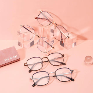 Stunner Square prescription eyeglasses, available in blue light blocking lenses and in readers with magnification, from EyeCandys. Each pair of glasses comes with a branded glasses case (pictured).